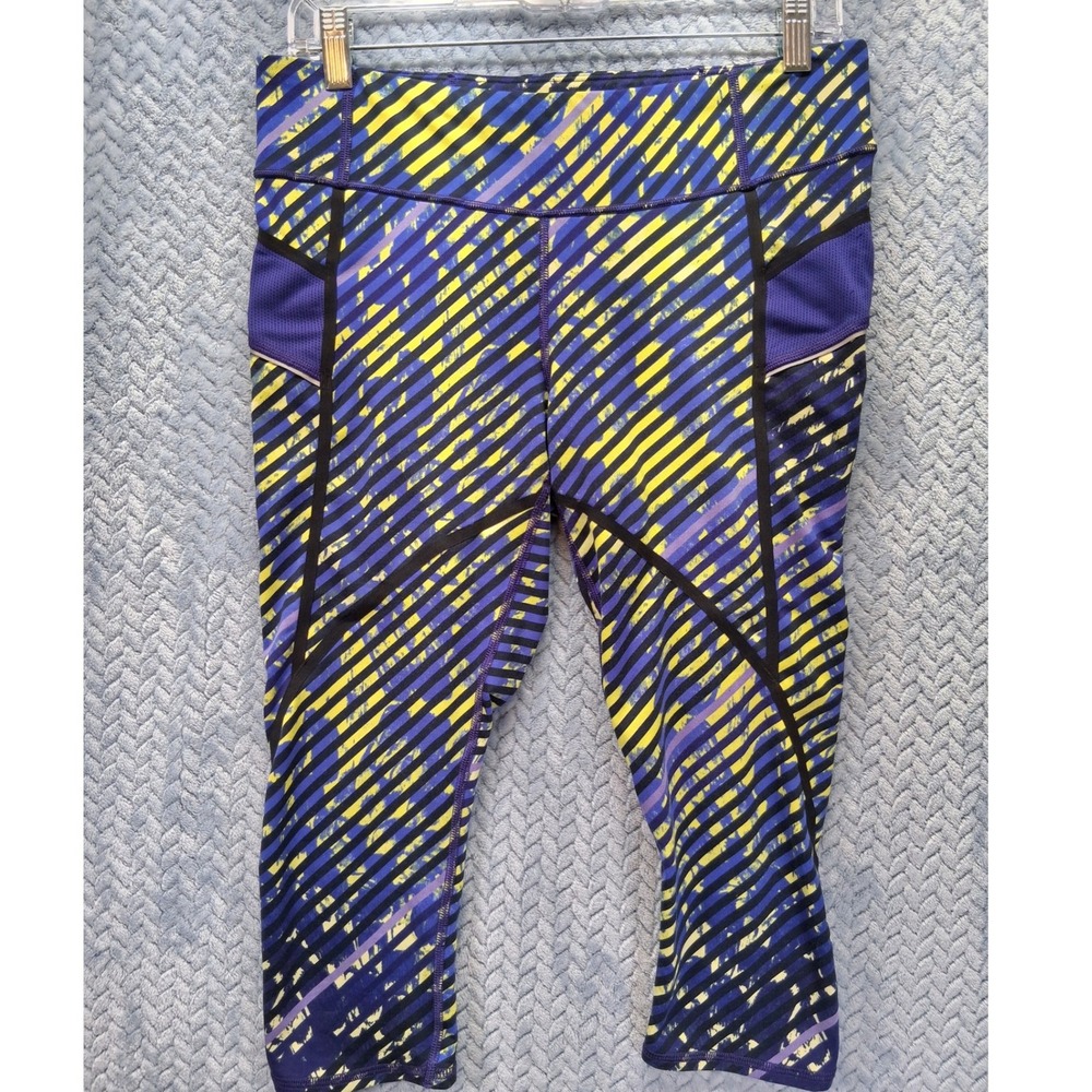 Athleta Be Free Knicker Blue Yellow Striped Crop Running Leggings Size M Yoga